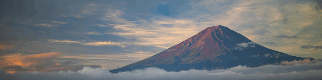 Cinematic depiction of Mt. Fuji floating in a sea of clouds at sunrise.