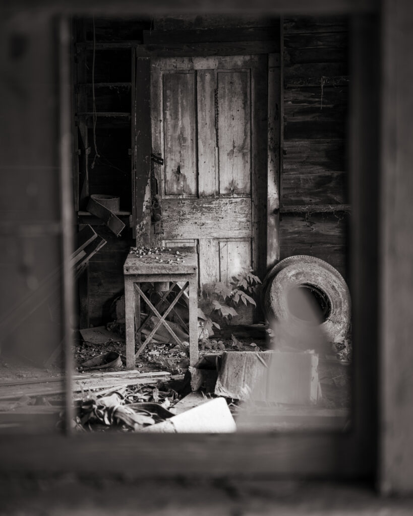 eathered room with crumbling walls and dim window light.